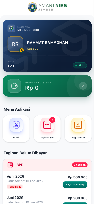 Tampilan beranda aplikasi Smart NIBS: kartu santri, saldo uang saku, menu tagihan SPP dan UP